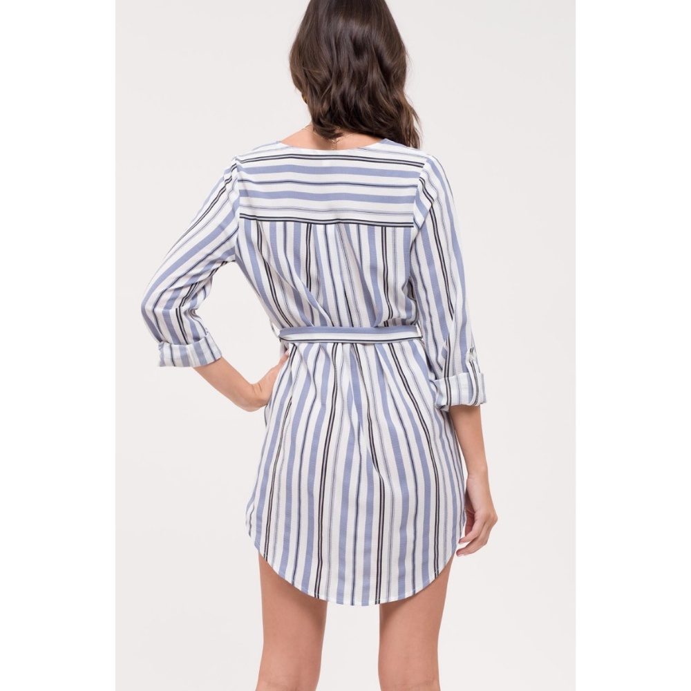 Vneck Belted Dress Striped Ivory Blue - Picture 5 of 7